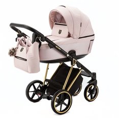 Коляска универсальная Adamex Belissa Special Edition 3 в 1, PS-540 - светло-розовая, светло-розовая перламутр кожа, золотая рама