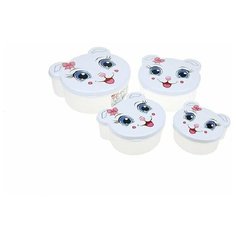 Контейнер для продуктов пластмассовый "Котики" набор 4шт: 0,2 л - 9х8х4,5 см, 0,3 л - 10х10х5 см, 0,5 л - 12х11х6 см, 0,75 л - 14х13х6 см, прозрачный белый Elfplast