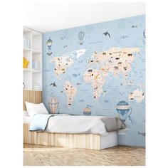 Фотообои флизелиновые Топ Фотообои Карта мира для детей на голубом фоне 300х270 (ШхВ) светло-синий/голубой/светло-бежевый/светло-коричневый/белый