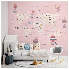 Фотообои флизелиновые Топ Фотообои Карта для девочек с воздушными шарами и животными 300х270 (ШхВ) светло-розовый/бледно-розовый/персиковый/темно-бежевый/пастельно-розовый