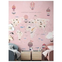 Фотообои флизелиновые Топ Фотообои Карта для девочек с воздушными шарами и животными 200х270 (ШхВ) светло-розовый/бледно-розовый/персиковый/темно-бежевый/пастельно-розовый