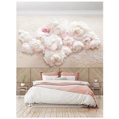 Фотообои флизелиновые Топ Фотообои Белые нежные пионы на кирпичном фоне 300х180 (ШхВ) белый/розовый/светло-коричневый/светло-розовый/темно-бежевый