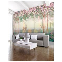 Фотообои флизелиновые Топ Фотообои Олени в весеннем лесу 400х270 (ШхВ) изумрудно-зеленый/темно-бирюзовый/светло-коричневый/светло-бежевый/бледно-розовый