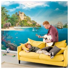 Обои флизелиновые Топ Фотообои Обитатели тропического острова 300х270 (ШхВ) голубой/зеленый/бледно-голубой/светло-песочный/белый