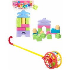 Набор развивающий: Мягкий конструктор для малышей "КНОПИК" 14 дет. Пастель + Каталка "Колесо",БИПЛАНТ