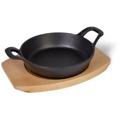 Сковорода Fissman 15x3,9 см с двумя боковыми ручками на деревянной подставке (чугун) (4131)