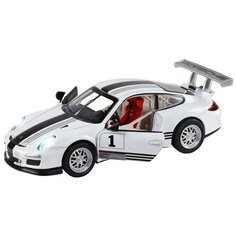 Машинка детская, металлическая, инерционная, Автопанорама, коллекционная, 1:32 Porsche 911 GT3 Cup, белый, свет, звук, открывающиеся двери