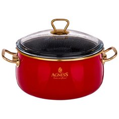 Кастрюля Agness эмалированная 4,1 л/22 см со стеклянной крышкой и антипригарным мраморным покрытием (950-212)