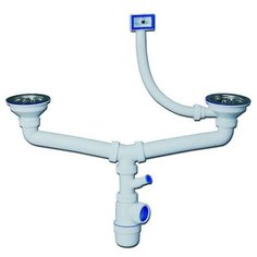 Сифон для 2-й одноуровневой мойки ЭЛИТ с нержавеющей чашкой D112, отверстием для стиральной машины и переливом (1 1/2-D40), VIRPLAST, арт 30986180