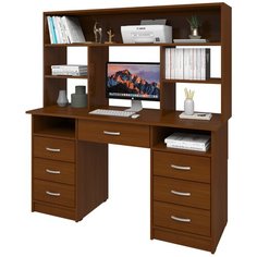 Письменный стол СитиМебель двухтумбовый с 6 ящиками, дополнительным ящиком под столешницей и надстройкой, ШхГ: 140х50 см, цвет: орех экко