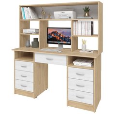 Письменный стол СитиМебель двухтумбовый с 6 ящиками, дополнительным ящиком под столешницей и надстройкой, ШхГ: 140х50 см, цвет: дуб сонома/белый