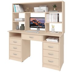 Письменный стол СитиМебель двухтумбовый с 6 ящиками, дополнительным ящиком под столешницей и надстройкой, ШхГ: 140х50 см, цвет: дуб молочный