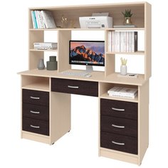 Письменный стол СитиМебель двухтумбовый с 6 ящиками, дополнительным ящиком под столешницей и надстройкой, ШхГ: 140х50 см, цвет: дуб молочный/венге цаво