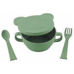 Набор детской ЭКО посуды (миска с крышкой, ложка и вилка) зеленый, Little Angel