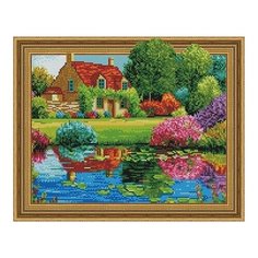 Алмазная мозаика Дом у цветущего озера, картина стразами PaintBoy 40x50 см.