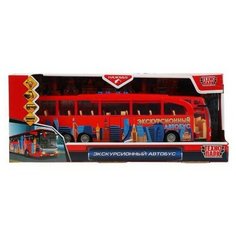 Машинка Технопарк Экскурсионный автобус пластик 4 кнопки, инерционный, красный, свет, звук 30см