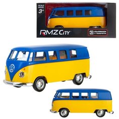 Машинка металлическая Uni-Fortune RMZ City 1:32 Автобус инерционный Volkswagen Type 2 (T1) Transporter, цвет матовый синий с желтым, 16,5*7,5*7 см