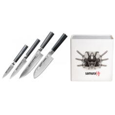 SD-0240КВБП НАБОР ИЗ 4-Х НОЖЕЙ SAMURA DAMASCUS УНИВЕРСАЛЬНЫЙ, ОВОЩНОЙ, ШЕФ, САНТОКУ И ПОДСТАВКИ ИЗ ПЛАСТИКА