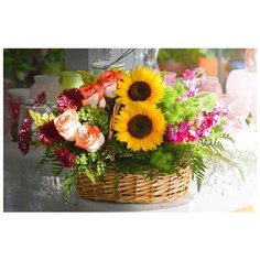 Холст с красками 40х50 см по номерам. Букет С подсолнухами В корзине Рыжий кот