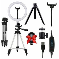 Кольцевая светодиодная лампа Goodly Led Light 26 см с Bluetooth пультом, регулируемым штативом от 35 до 105 см, настольным штативом, держателем для телефона для профессиональной съемки, Silver