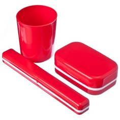Дорожный набор: бокс для зубной щетки, мыльница и стаканчик, цвет красный Полимербыт
