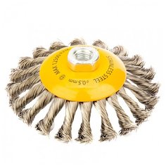Щетка для УШМ, 125 мм, "Тарелка", крученая нержавеющая проволока 0,5 мм, М14// Denzel