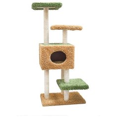 Когтеточка для кошек FOXIE с домиком и тремя площадками 61х46х118см бежево-зеленая ковролиновая