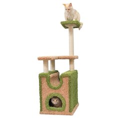 Когтеточка для кошек FOXIE Комплекс с домиком и двумя площадками 51х42х122см бежево-зеленый ковролиновый