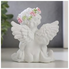 Сувенир полистоун "Белоснежный ангел в венке из роз" МИКС 8,8х8,3х5,2 см Керамика ручной работы