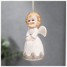 Сувенир керамика подвеска "Ангел-малыш в платье с серыми оборками, с сердцем" 10х5х5,5 см Хорошие сувениры
