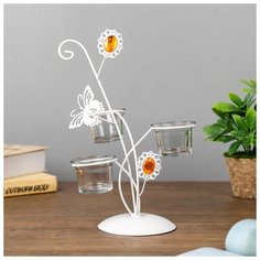 Подсвечник металл, стекло 3 свечи "Бабочка и цветок" белый 27,3х18х17 см 4098078 Сима ленд