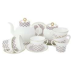 Сервиз чайный. Императорский фарфоровый завод. Форма Волна. Рисунок Розовая сетка. 20 предметов.