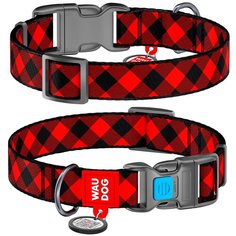 Нейлоновый ошейник для собак WAUDOG Nylon с рисунком "Шотландка красная" и адресником, ширина 25 мм, обхват шеи 35-58 см, пряжка фастекс с замком