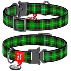 Нейлоновый ошейник для собак WAUDOG Nylon с рисунком "Шотландка зеленая" и адресником, ширина 25 мм, обхват шеи 31-49 см, металлическая быстросъемная тактическая пряжка-фастекс