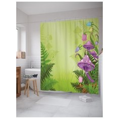 Штора (занавеска) для ванной JoyArty "Грибочный лес" из ткани, 180х200 см с крючками