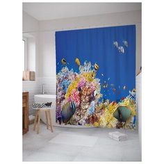 Штора (занавеска) для ванной JoyArty "Радужная экзотика на дне" из ткани, 180х200 см с крючками