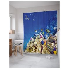 Штора (занавеска) для ванной JoyArty "Экзотические морские жители" из ткани, 180х200 см с крючками