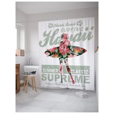 Штора (занавеска) для ванной JoyArty "Серфинг на гавайском пляже" из ткани, 180х200 см с крючками