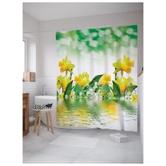 Штора (занавеска) для ванной JoyArty "Водные нарциссы" из ткани, 180х200 см с крючками