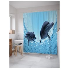 Штора (занавеска) для ванной JoyArty "Любопытство дельфинов" из ткани, 180х200 см с крючками