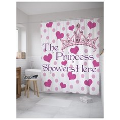 Штора (занавеска) для ванной JoyArty "Душ принцессы здесь" из ткани, 180х200 см с крючками