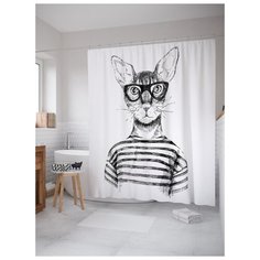 Штора (занавеска) для ванной JoyArty "Кот интеллектуал" из ткани, 180х200 см с крючками