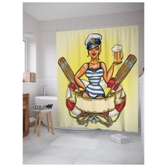 Штора (занавеска) для ванной JoyArty "Красивая морячка" из ткани, 180х200 см с крючками