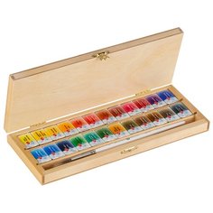 Белые ночи / Акварельные художественные краски в деревянном пенале с кистью, береза, 24 цвета по 2,5 мл, ЗХК Невская палитра