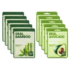 Набор тканевых масок для лица FARMSTAY Real Essence Mask Bamboo Тканевая маска с бамбуком (5 шт) и Farmstay Real Essence Mask Avocado Тканевая маска с авокадо (5 шт)