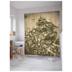 Штора (занавеска) для ванной JoyArty "Осьминоги топят корабль" из ткани, 180х200 см с крючками