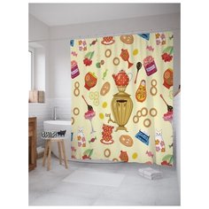 Штора (занавеска) для ванной JoyArty "Самовар и сладости" из ткани, 180х200 см с крючками