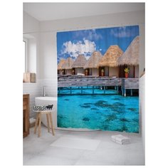 Штора (занавеска) для ванной JoyArty "Пляжные кабинки" из ткани, 180х200 см с крючками