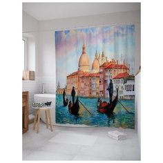 Штора (занавеска) для ванной JoyArty "Гондольеры на реке" из ткани, 180х200 см с крючками