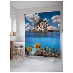 Штора (занавеска) для ванной JoyArty "Скалистый остров" из ткани, 180х200 см с крючками